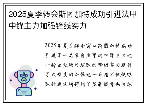 2025夏季转会斯图加特成功引进法甲中锋主力加强锋线实力