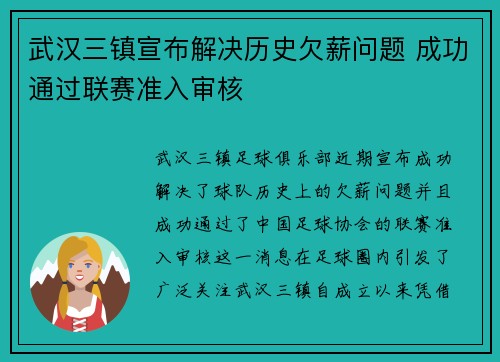 武汉三镇宣布解决历史欠薪问题 成功通过联赛准入审核 武汉三镇宣布解决历史欠薪问题 成功通过联赛准入审核